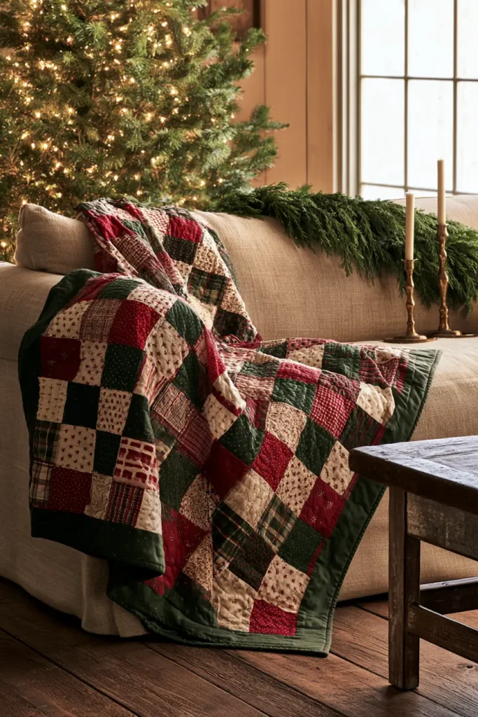 Classic Red and Green Patchwork Christmas Throw Quilt
