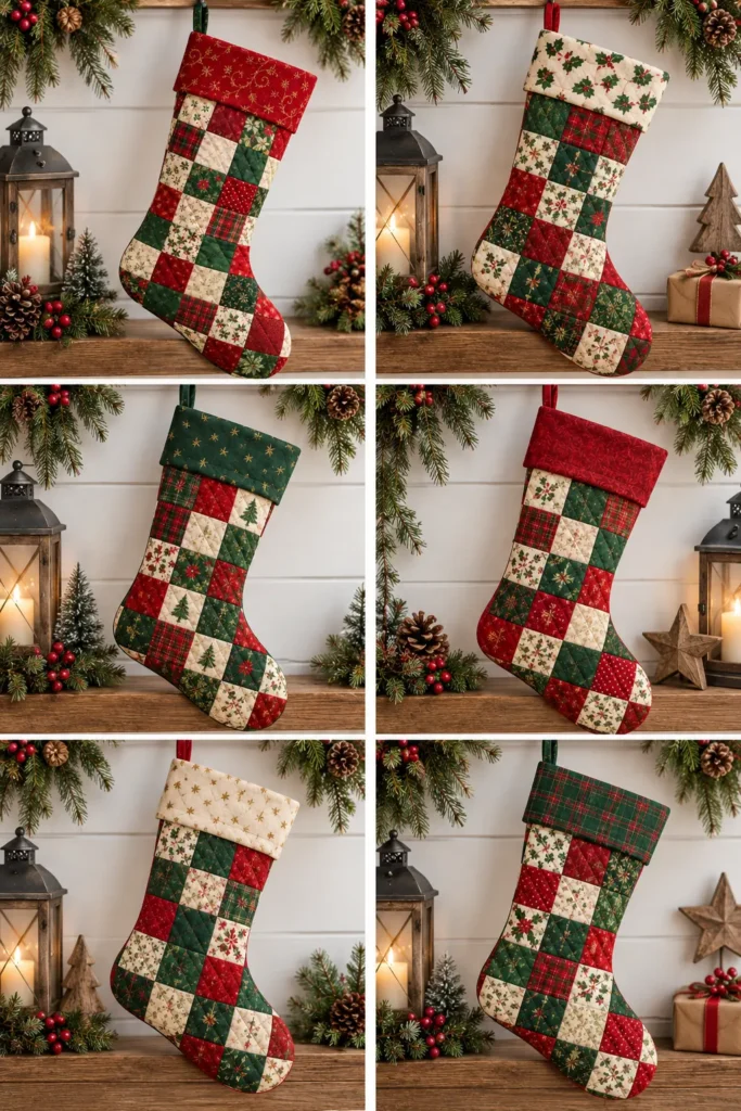 Classic Red and Green Patchwork Quilted Christmas Stocking