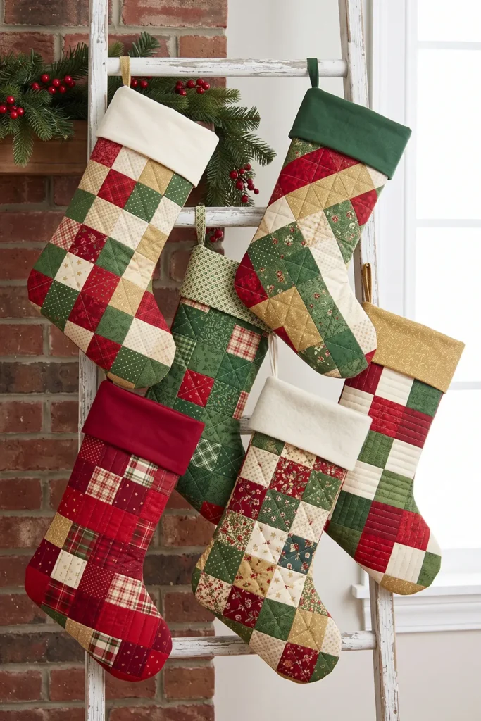 Classic Red and Green Patchwork Quilted Christmas Stocking