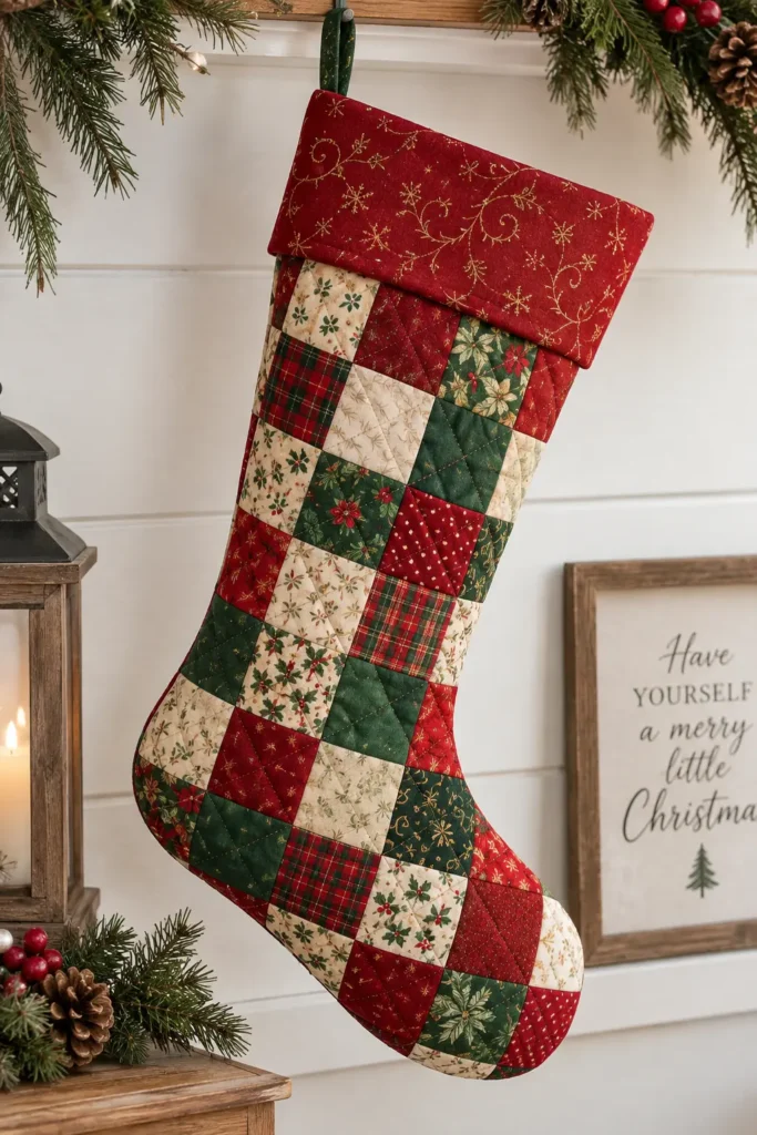 Classic Red and Green Patchwork Quilted Christmas Stocking