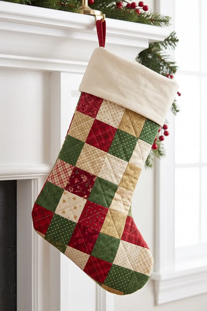 Classic Red and Green Patchwork Quilted Christmas Stocking