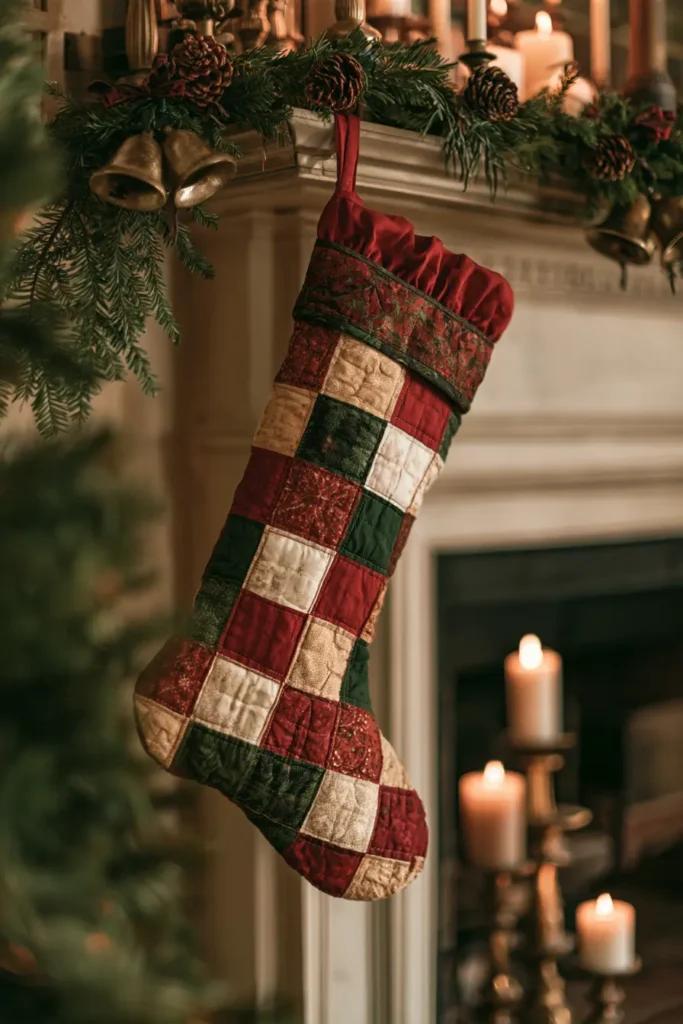 Classic Red and Green Patchwork Quilted Christmas Stocking