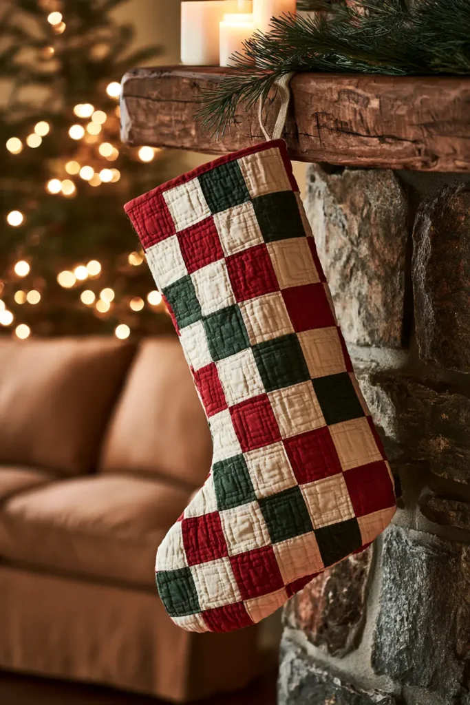 Classic Red and Green Patchwork Quilted Christmas Stocking