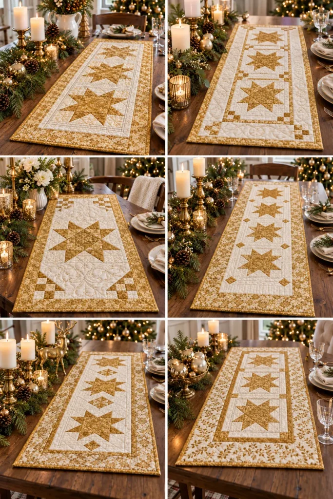 Elegant Gold and Cream Quilted Christmas Table Runners