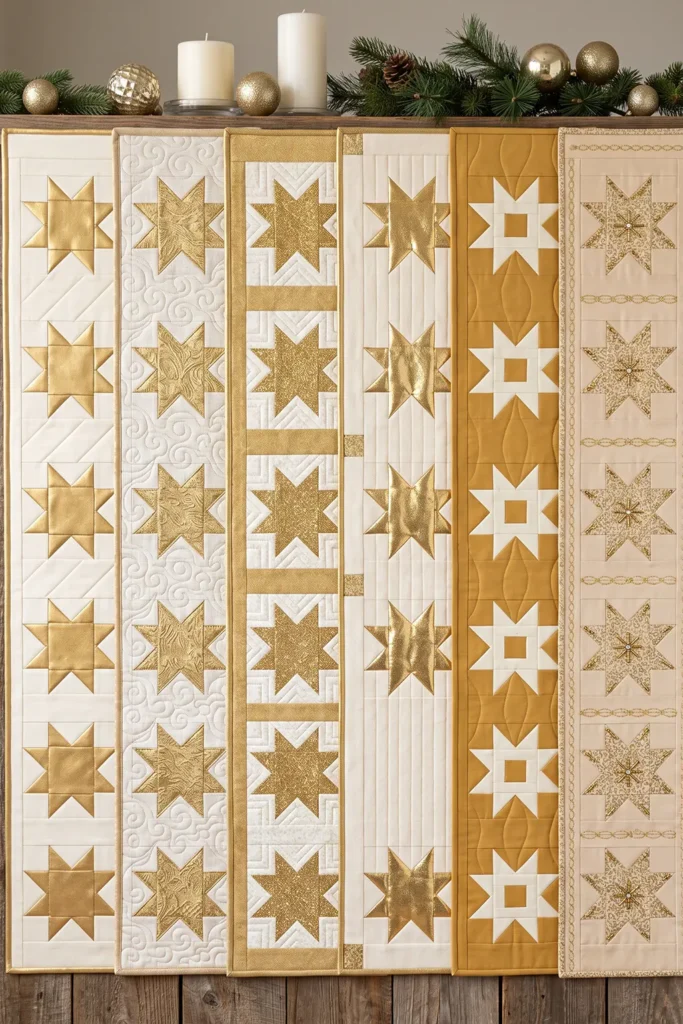 Elegant Gold and Cream Quilted Christmas Table Runners