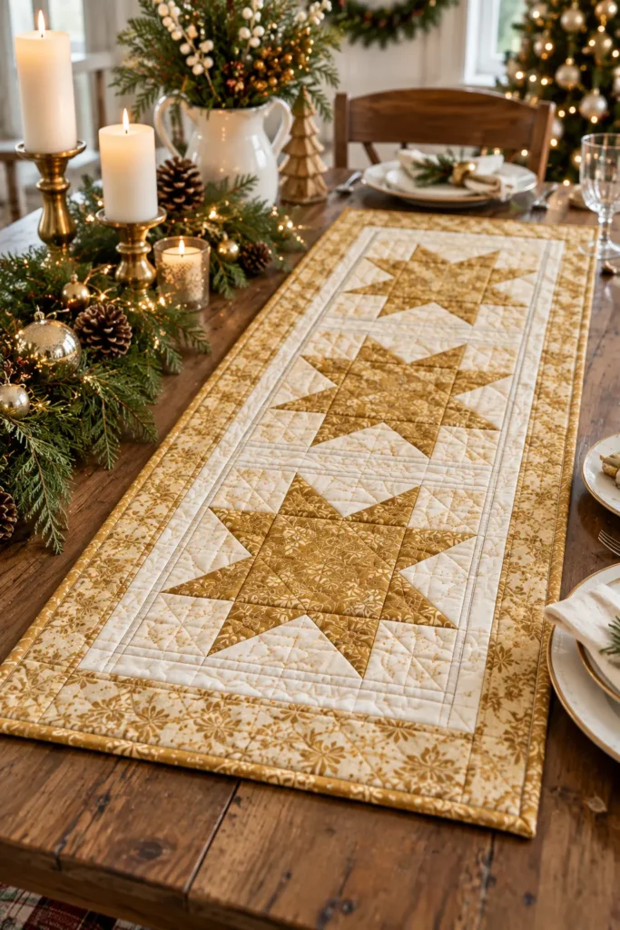 Elegant Gold and Cream Quilted Christmas Table Runners