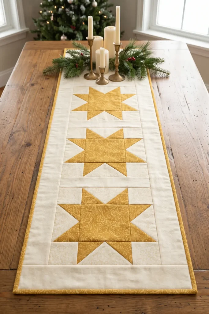 Elegant Gold and Cream Quilted Christmas Table Runners