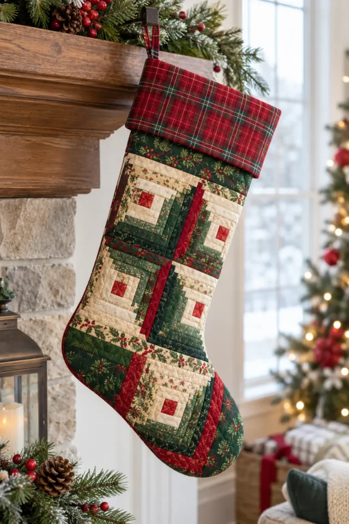 Log Cabin Quilted Christmas Stocking