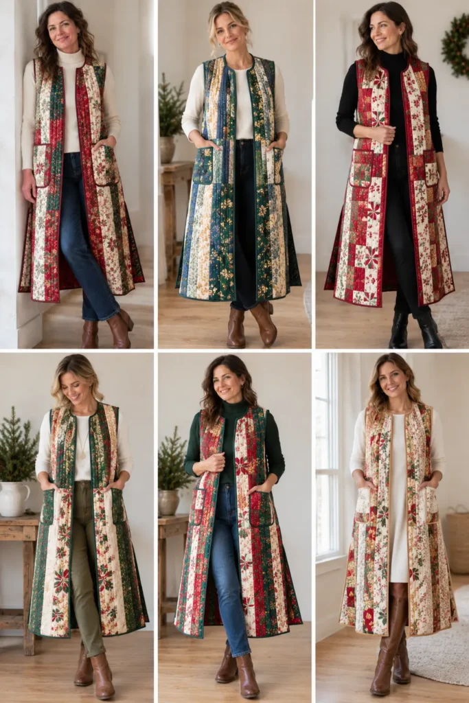 Longline Christmas Quilted Duster Vest