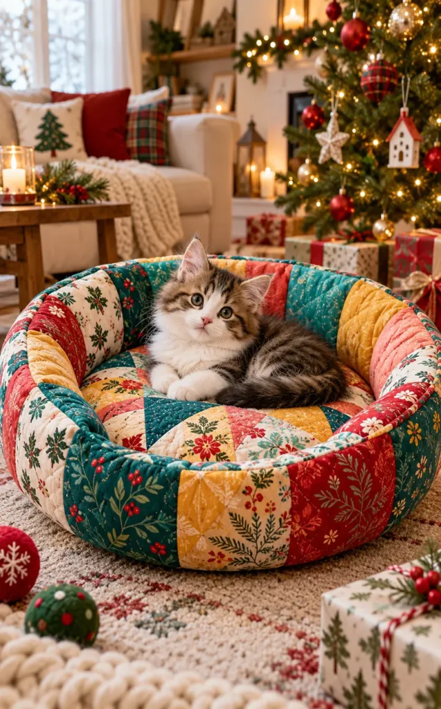 Round Quilted Cat Bed with Raised Sides