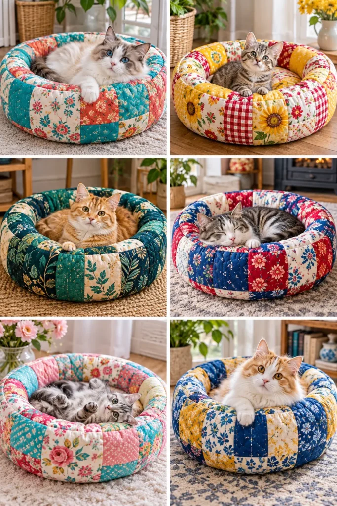 Round Quilted Cat Bed with Raised Sides