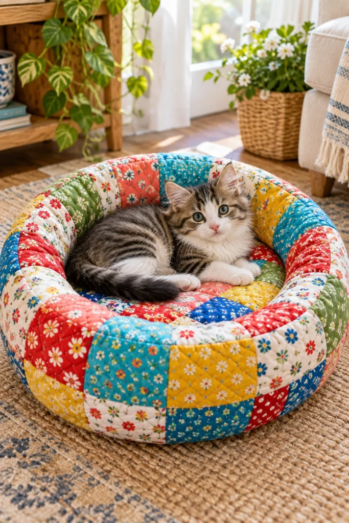 Round Quilted Cat Bed with Raised Sides