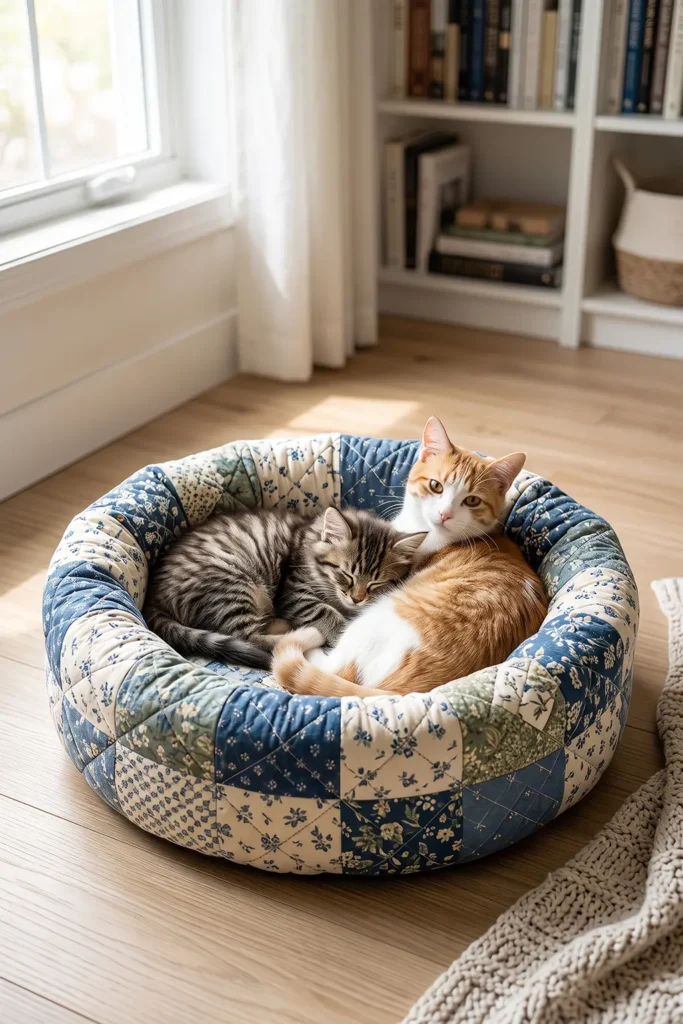 Round Quilted Cat Bed with Raised Sides