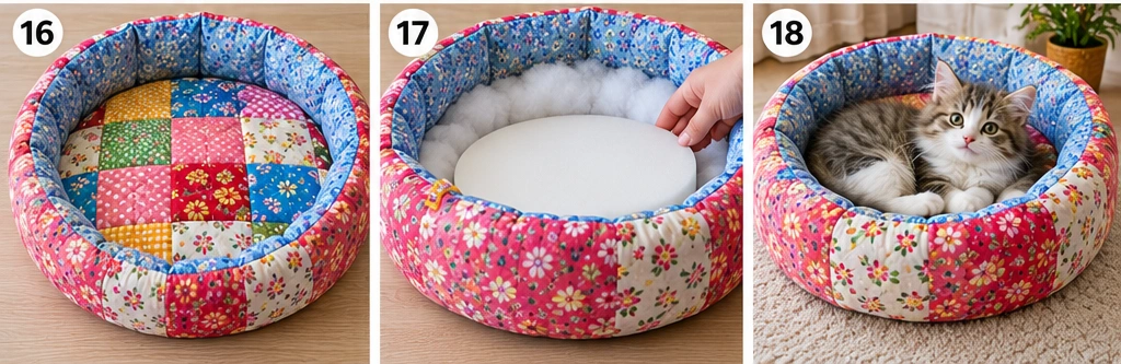 Round Quilted Cat Bed with Raised Sides