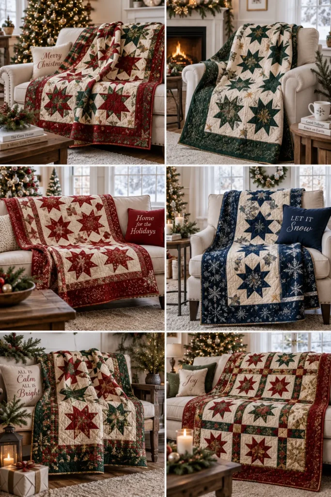 Star Block Quilted Christmas Throw