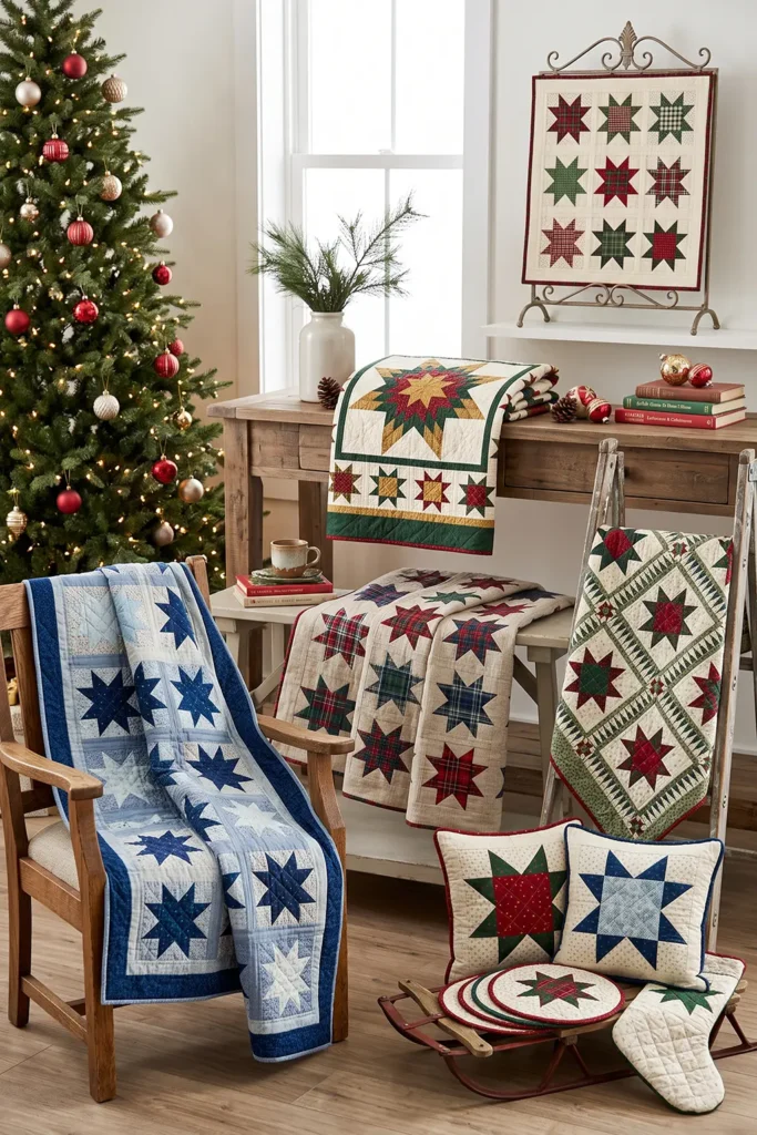 Star Block Quilted Christmas Throw