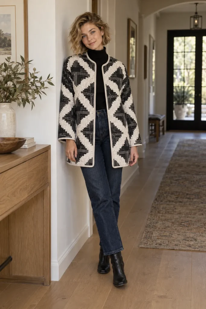 Black-and-White Log Cabin Quilt Jacket