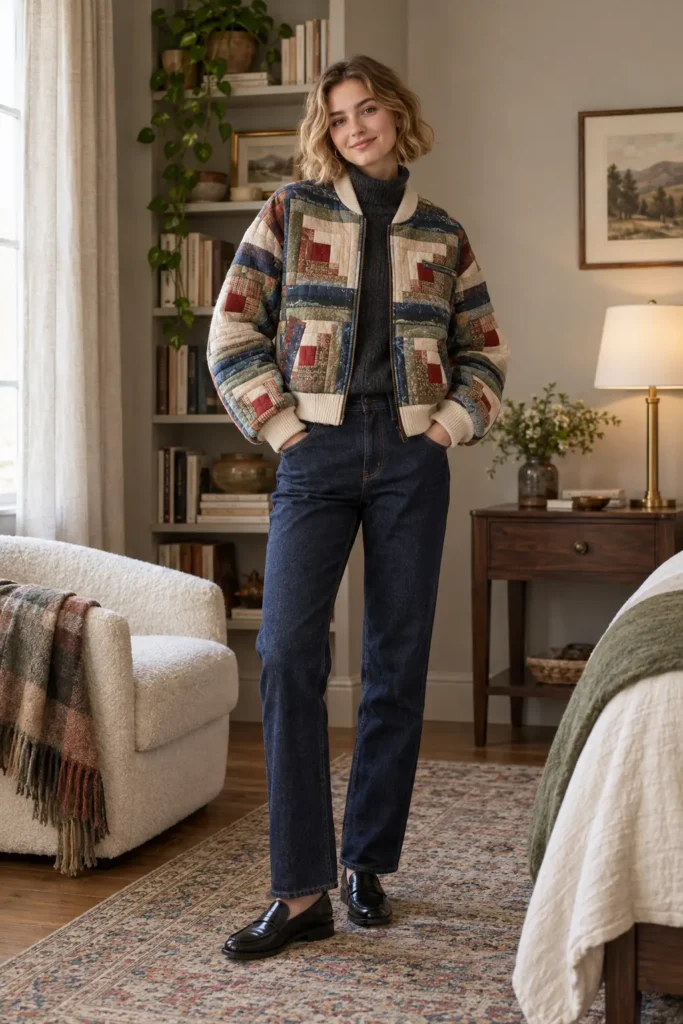 Cropped Log Cabin Quilted Bomber Jacket
