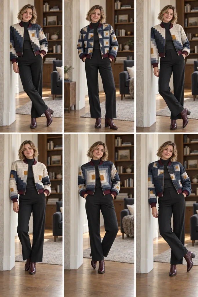 Cropped Log Cabin Quilted Bomber Jacket