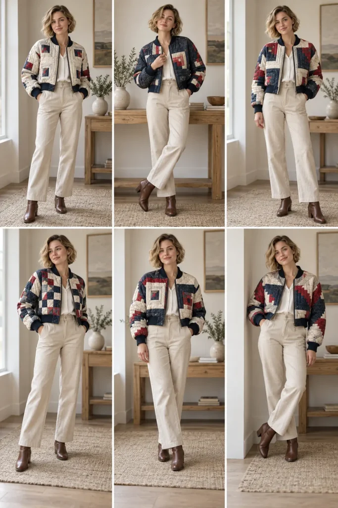 Cropped Log Cabin Quilted Bomber Jacket