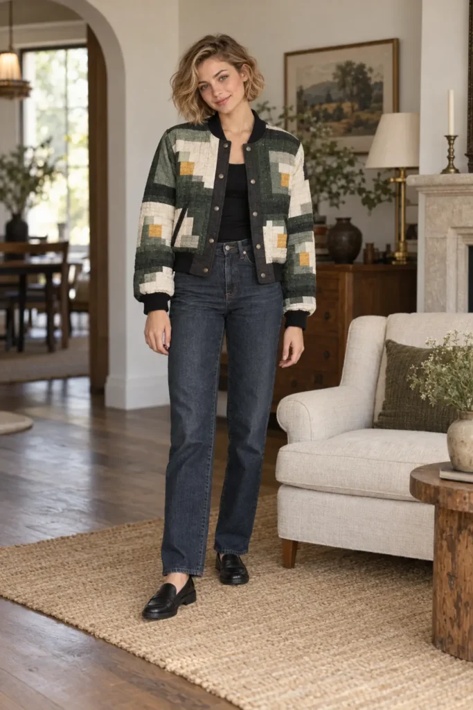 Cropped Log Cabin Quilted Bomber Jacket