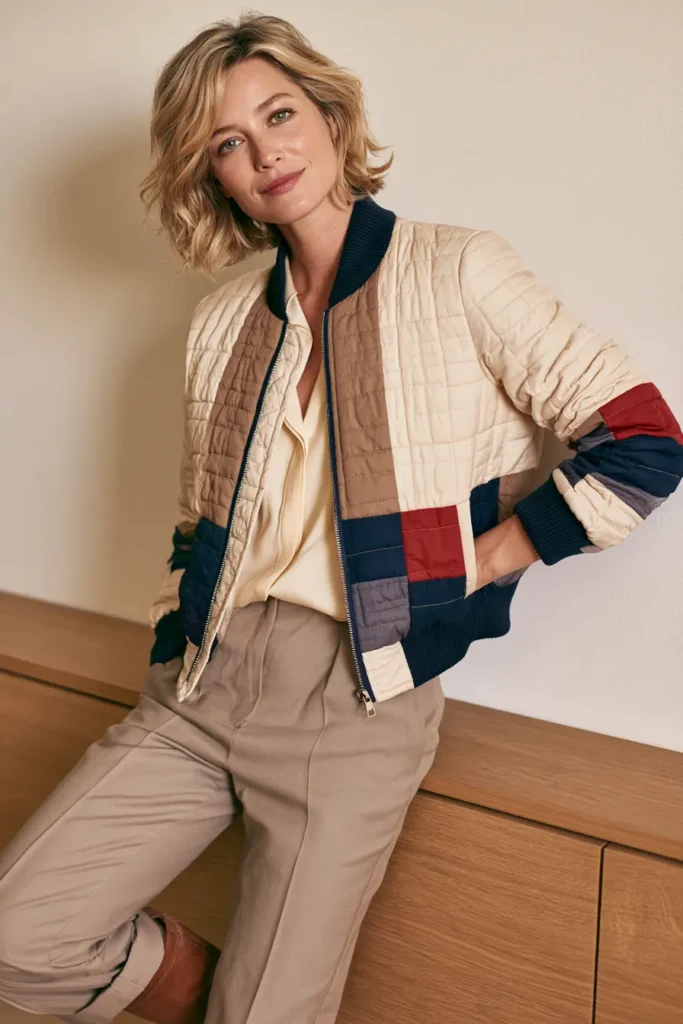 Cropped Log Cabin Quilted Bomber Jacket