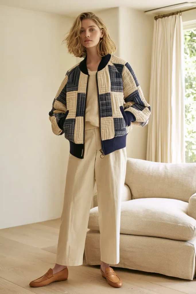 Cropped Log Cabin Quilted Bomber Jacket