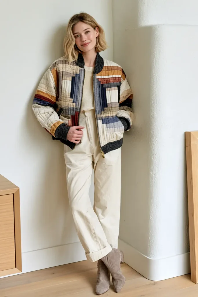 Cropped Log Cabin Quilted Bomber Jacket