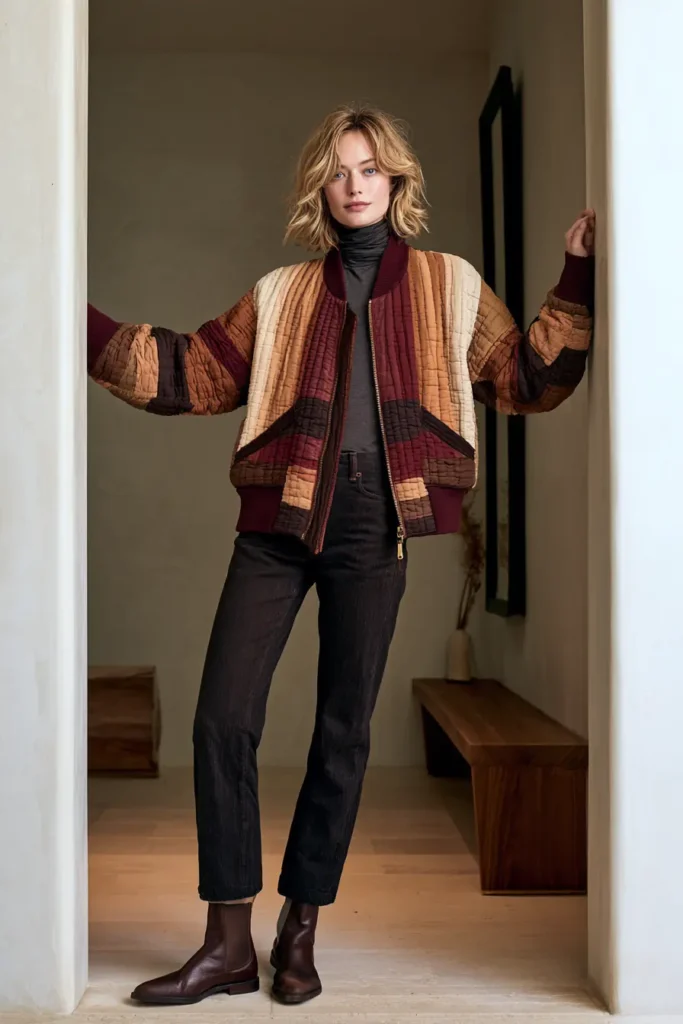 Cropped Log Cabin Quilted Bomber Jacket