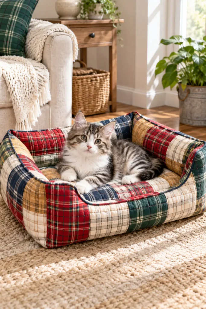 Farmhouse Plaid Quilted Cat Bed