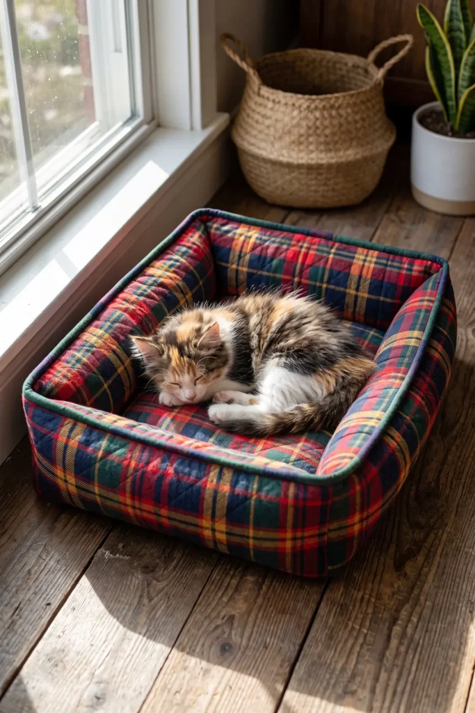 Farmhouse Plaid Quilted Cat Bed