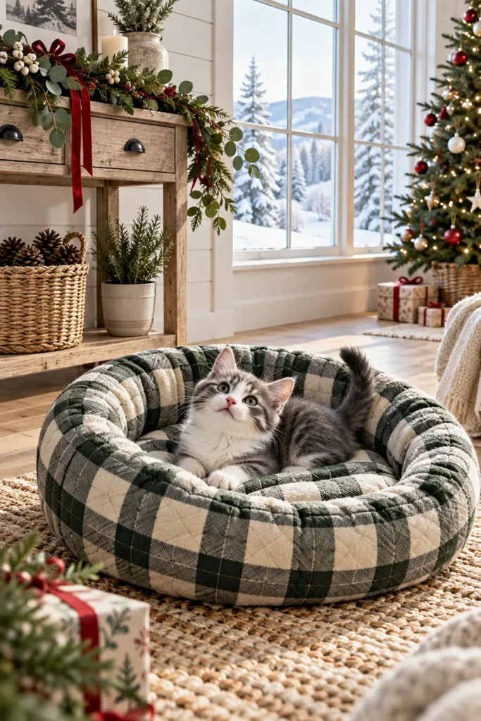 Farmhouse Plaid Quilted Cat Bed