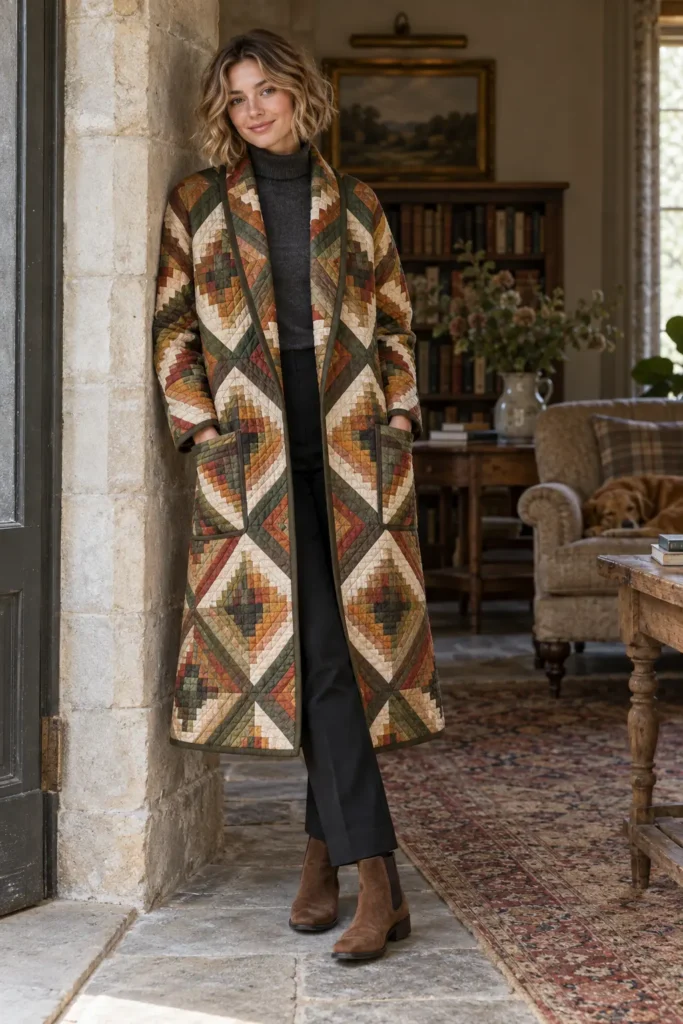 Longline Log Cabin Quilted Duster Coat