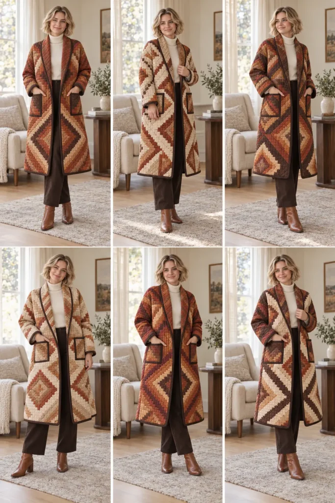 Longline Log Cabin Quilted Duster Coat