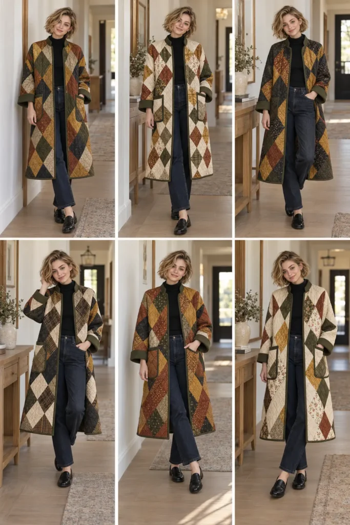 Longline Log Cabin Quilted Duster Coat