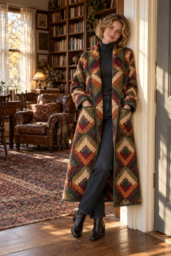 Longline Log Cabin Quilted Duster Coat