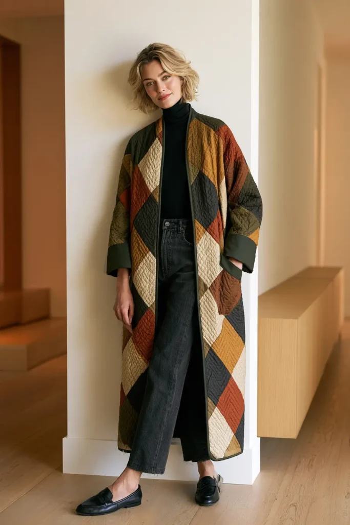 Longline Log Cabin Quilted Duster Coat