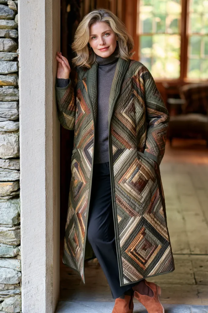 Longline Log Cabin Quilted Duster Coat