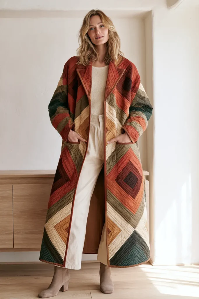Longline Log Cabin Quilted Duster Coat