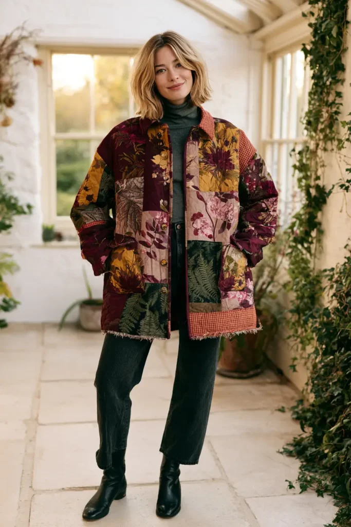 Oversized Floral Patchwork Quilt Chore Jacket