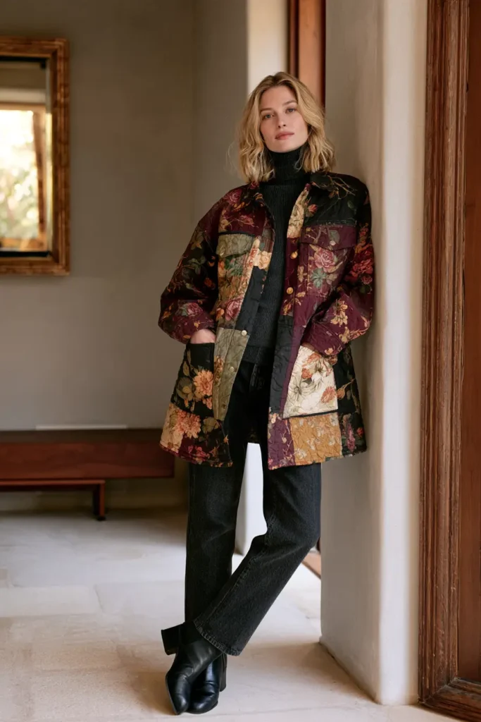 Oversized Floral Patchwork Quilt Chore Jacket