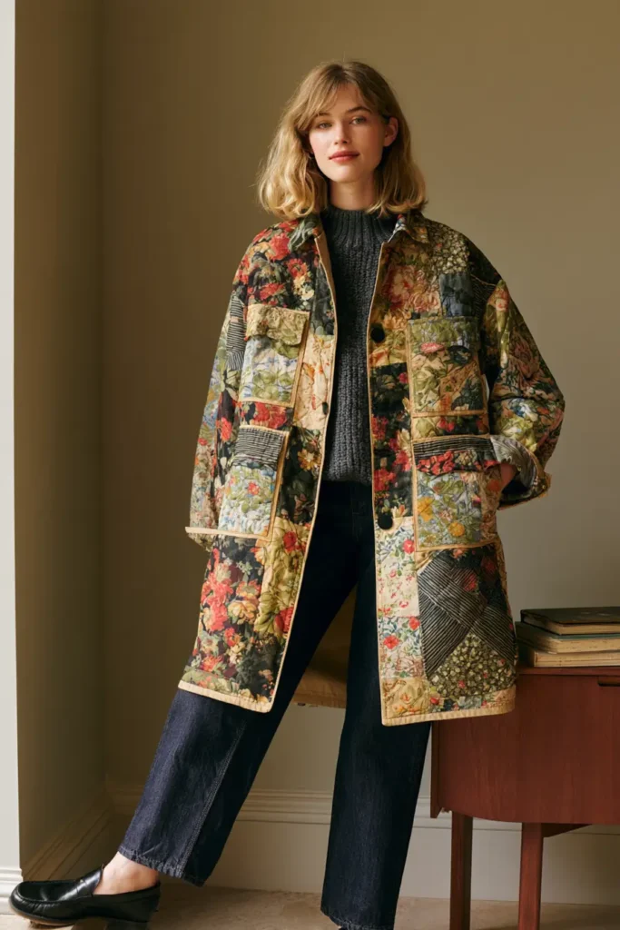 Oversized Floral Patchwork Quilt Chore Jacket