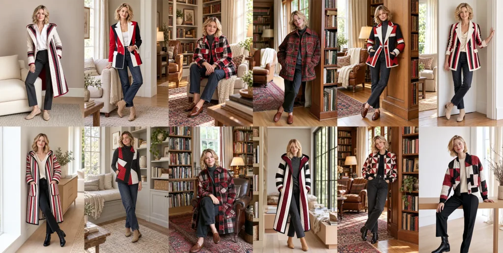 Red, Black, and White Quilt Jacket, Coat, Vest, and Blazer Ideas with Bold Graphic Contrast