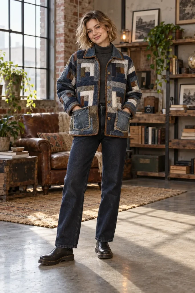 Upcycled Denim Log Cabin Quilted Chore Jacket
