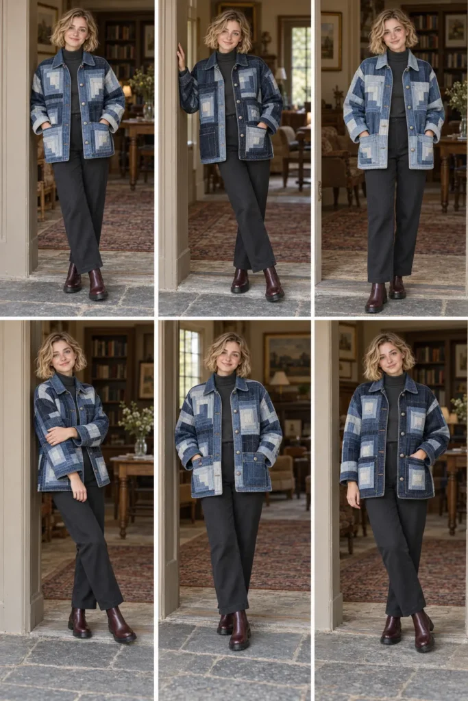 Upcycled Denim Log Cabin Quilted Chore Jacket
