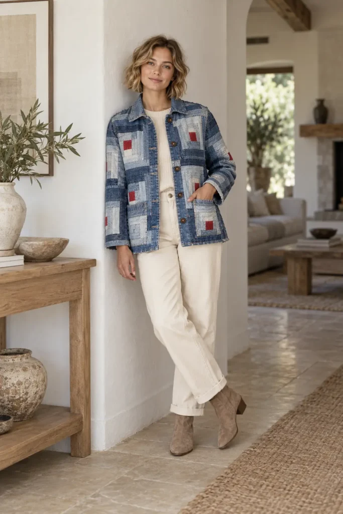 Upcycled Denim Log Cabin Quilted Chore Jacket
