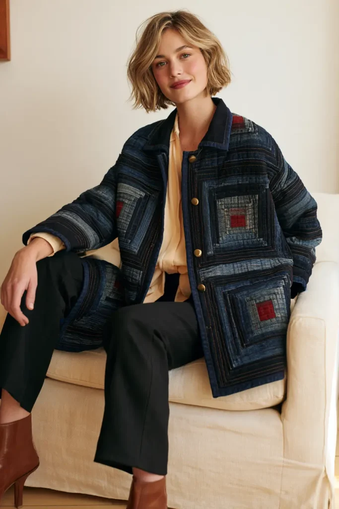 Upcycled Denim Log Cabin Quilted Chore Jacket