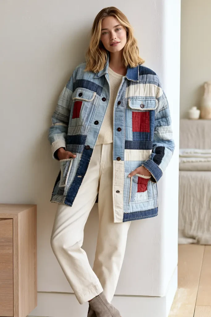 Upcycled Denim Log Cabin Quilted Chore Jacket