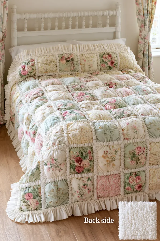 Vintage Floral Puff Quilt with Romantic Cottage Prints