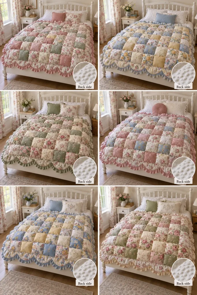 Vintage Floral Puff Quilt with Romantic Cottage Prints